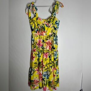 Eliza J Yellow Floral Tiered Midi‎ Dress Womens Size 8 Tie Shoulders CP